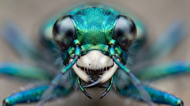 Extreme macro portrait showing vibrant metallic blue tiger beetle head
