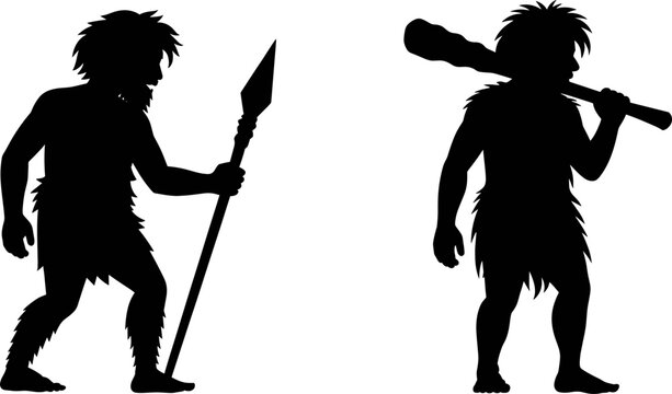 Black silhouettes of two prehistoric cavemen, one holding a sharp wooden spear and the other carrying a heavy wooden club over his shoulder, isolated
