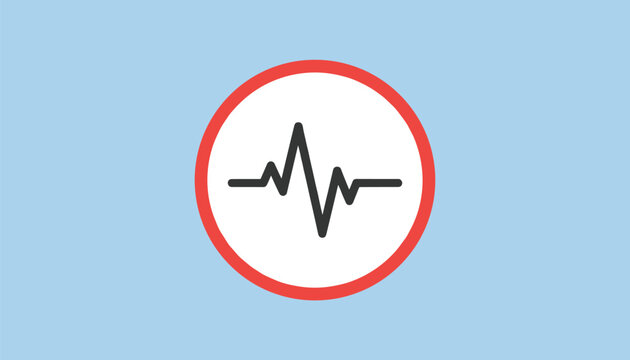 Simple and clear icon of a heartbeat line, an electrocardiogram wave, enclosed within a bold red circle on a light blue background.