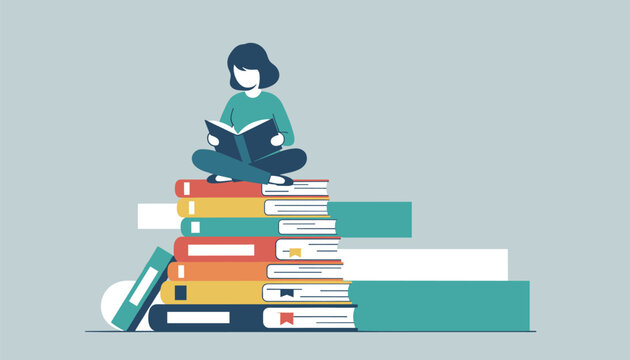 Serene woman sitting cross-legged atop a tall stack of colorful books, engrossed in reading, symbolizing lifelong education and knowledge acquisition.