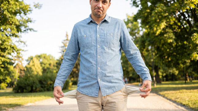 Sad man showing empty pockets in a park signifying financial loss