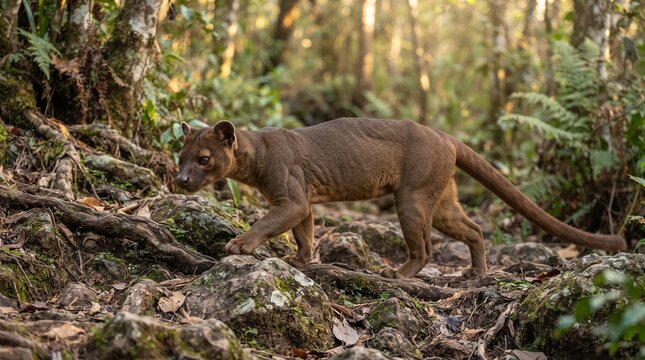 Fossa Walking Across a Forest Floor in Madagascar