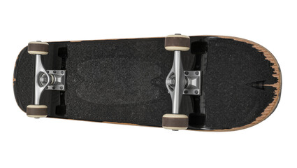 Skateboard with black grip tape and silver trucks, isolated on transparent background © vasili