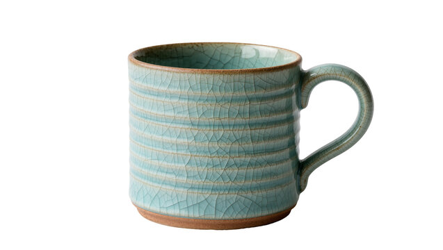 Cracked blue ceramic mug with horizontal ridges, isolated on transparent background