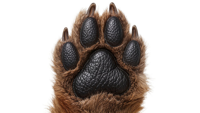 Brown furry animal paw with sharp claws and black textured pads, isolated on transparent background