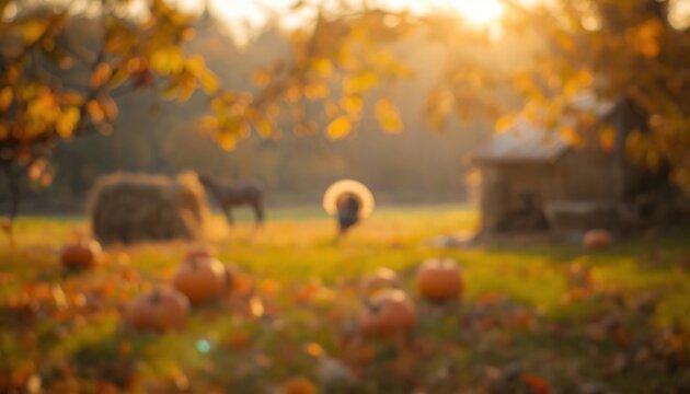Blurred autumn farm scene with turkey, horse and pumpkins at golden hour sunset