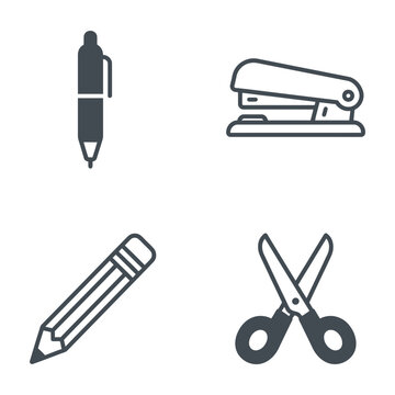 Office supplies including pen stapler pencil scissors