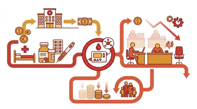 The process of diabetes management, highlighting blood glucose monitoring and treatment practices in hospitals and clinics.