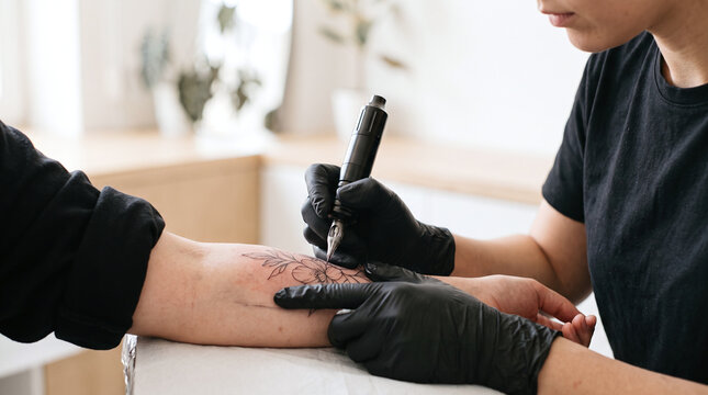 Tattoo artist inks floral linework on a client's forearm