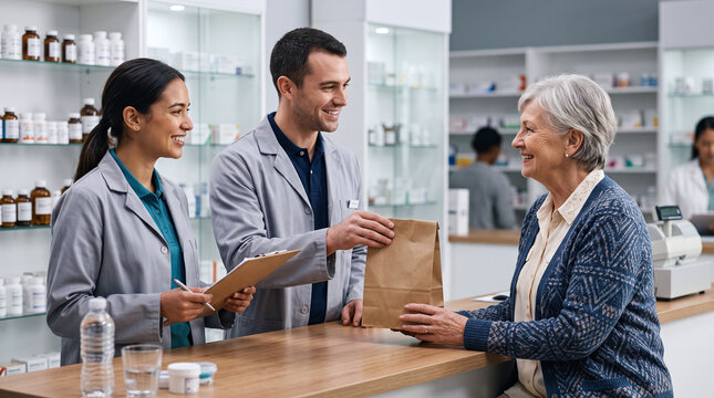 Pharmacy staff hand a bag to an older customer