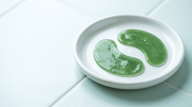 Green hydrogel eye patches on a white ceramic plate