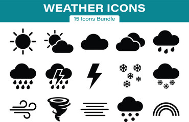 Fototapeta premium Weather Solid Black Silhouette Set of 15 Forecast and Meteorology Vector Icons
