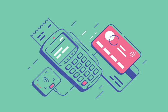 POS Terminal and Contactless Credit Card Payment Vector Illustration - Cashless Transaction Concept with Payment Reader and Paper Receipt on Mint Green Background
