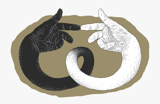 Two opposing sides of the same personality reaching understanding and balance. Symbolic surreal illustration representing self acceptance, inner harmony and psychological integration.