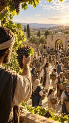 Naklejka premium Jesus Christ among grape harvesters in an ancient village. The true vine, Gospel of John parable. Biblical harvest and discipleship. Christian faith, abundance and spiritual connection.