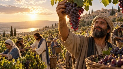 Naklejka premium Vineyard workers harvesting ripe grapes in a hillside vineyard. Jesus Christs true vine parable and biblical fruitfulness. Grape harvest, abundance and discipleship.