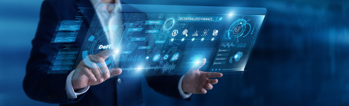 Businessman analyzing DeFi and digital screen, smart contract crypto data networking interface. Blockchain fintech network, peer to peer banking, digital asset system.