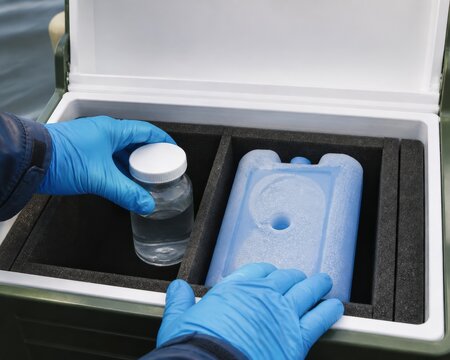Aquaculture Water Quality Testing - Gloved Hands Place a Sample Beside a Cold Pack