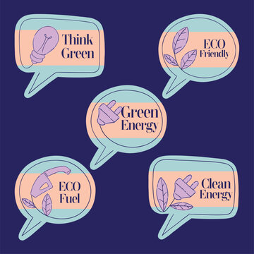 Eco Friendly Speech Bubble Badge Set - Green Energy and Ecology Sticker Collection with Think Green, Eco Fuel, and Clean Energy Quotes on Dark Blue Background