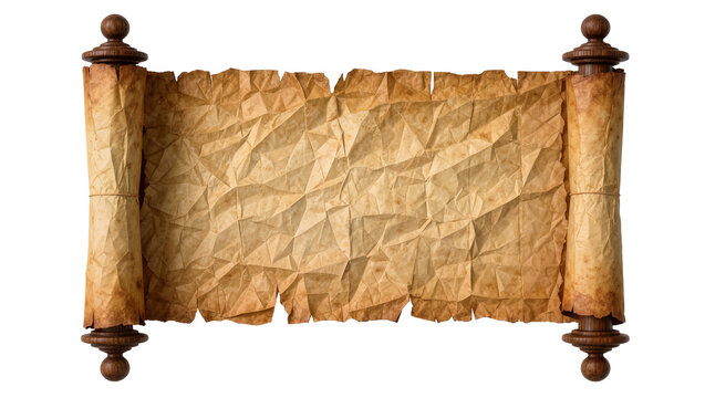 Antique parchment scroll with wooden rollers, isolated on transparent background