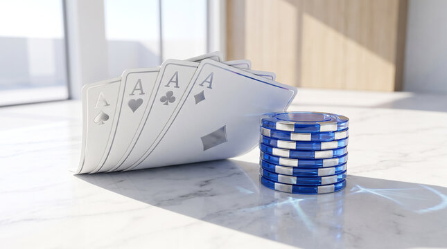 Four aces playing cards and a stack of blue casino chips on a bright white marble table.
