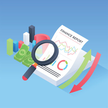 Isometric Finance Report and Business Audit Vector Illustration - Financial Analysis Concept with Magnifying Glass, Bar Charts, Dollar Bills, and Trend Arrows on Light Blue Background