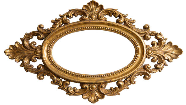 Ornate oval gold baroque picture frame with intricate scrollwork, isolated on transparent background