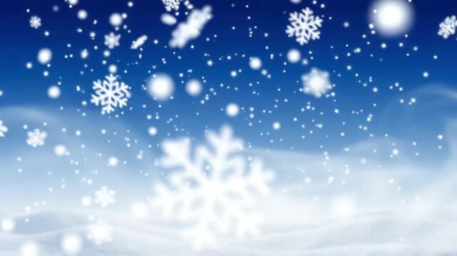 Winter snowfall background with glowing snowflakes, soft blue sky, white snowfield and dreamy festive atmosphere