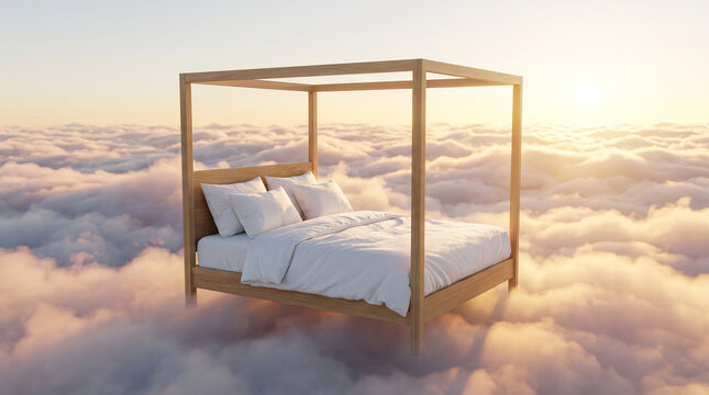 Wooden canopy bed with comfortable white bedding floating on fluffy clouds at sunrise.