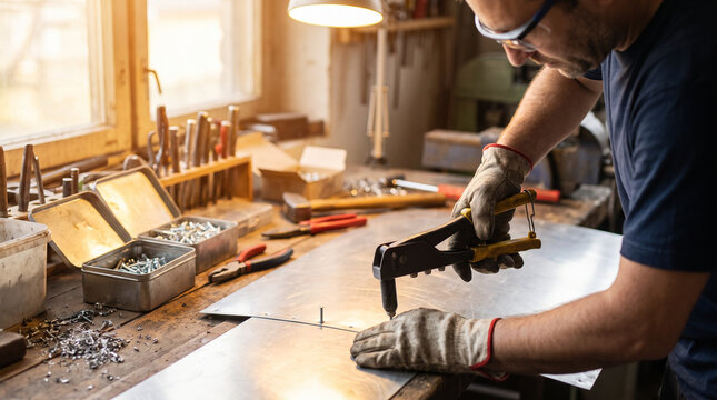 Worker using rivet gun in workshop with tools and metal sheet  