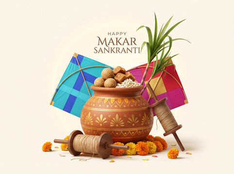 Traditional clay pot with sweets and kites for makar sankranti