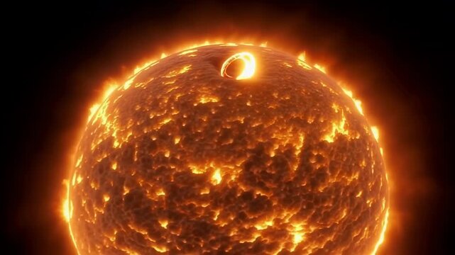 Fiery glowing ring descends and shrinks across a molten orange surface, revealing a blazing spherical body surrounded by intense heat and smoke in an abstract animation