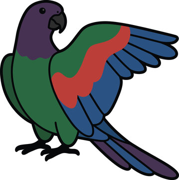 Colorful cartoon parrot with heart-shaped wing design standing on one leg.