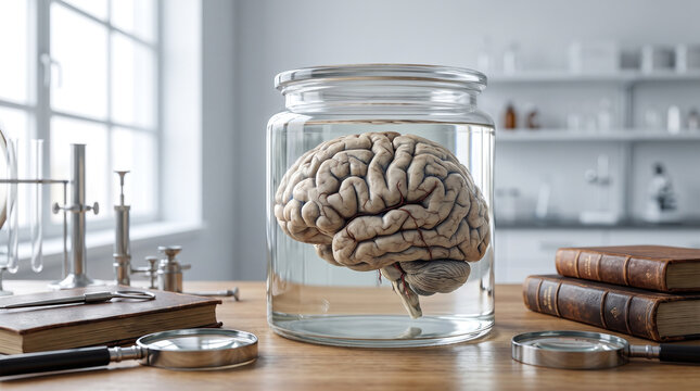 Human brain preserved in a glass jar on a laboratory desk with old books and medical equipment.