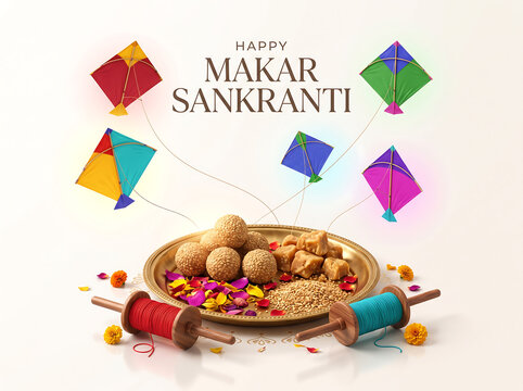 Colorful kites and traditional sweets on a plate for makar sankranti