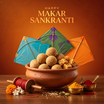 Sesame balls and kites for makar sankranti festival celebration