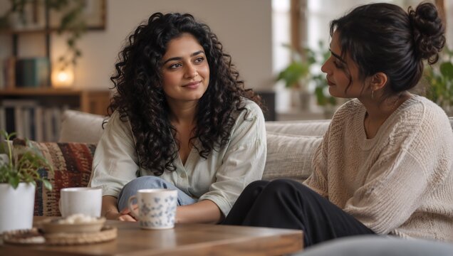 Two women talking together on a living room sofa. Support for bulimia and eating disorder recovery. Depression awareness and emotional wellbeing. Mental health conversation and friendship.
