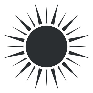 A sun vector icon featuring a dark circular center surrounded by sharp, elongated rays. The design symbolizes warmth and brightness, suitable for various creative projects.