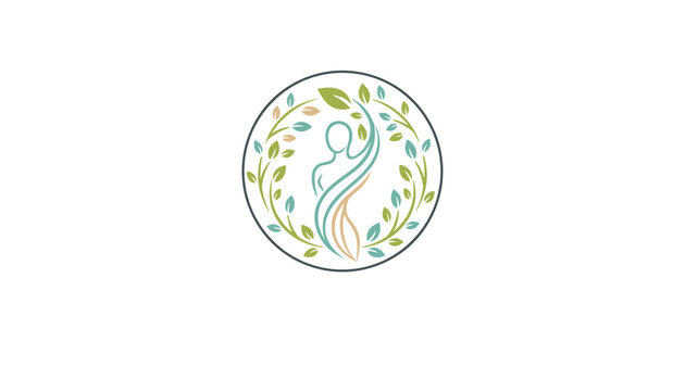 Wellness and health logo illustration featuring a stylized human figure surrounded by a circle of delicate green and blue leaves.
