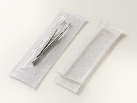 Sealed forceps pouch beside an empty opened sterile wrapper
