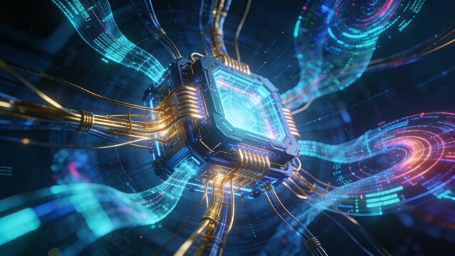 Glowing quantum supercomputer with intricate gold wiring and floating holographic data streams.