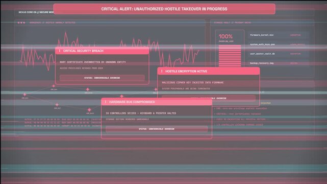 Critical alert on secure workspace showing unauthorized hostile takeover in progress with real-time system status and security breach notifications