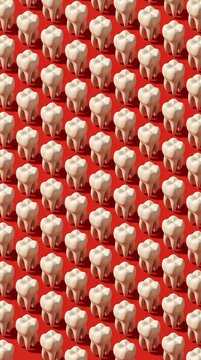 Seamless pattern of white human teeth on a vibrant red background.