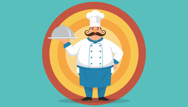 Cheerful cartoon chef wearing a tall white hat and apron, proudly holding a silver serving platter with dome cover over a colorful background.