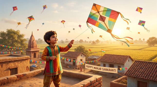 Happy Makar Sankranti Festival Background A young boy flying a colorful kite on a village rooftop