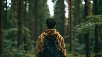 Fototapeta premium Hiking backpack forest nature outdoor travel adventure wilderness tree trail Back view of young Asian man with backpack walking forest trail surrounded by tall green tree and soft natural light