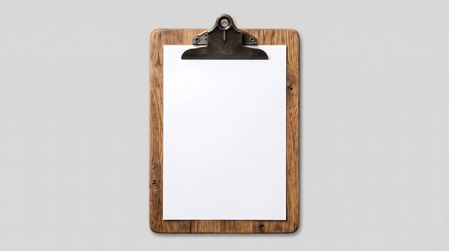A wooden clipboard with a blank white sheet of paper attached, centered on a light gray background, providing a clean space for notes, checklists, or professional documents