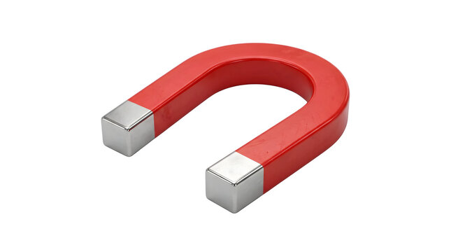 Red U-shaped horseshoe magnet with polished silver pole ends, isolated on transparent background for science, physics, education, and industrial design projects