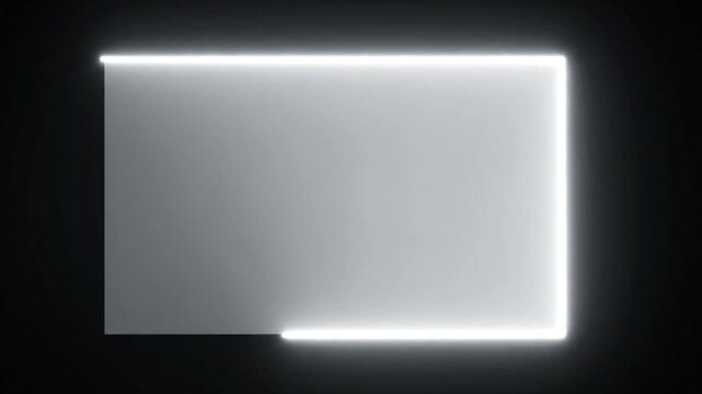 Minimalist white glowing neon light frame rectangle shape glowing in the dark abstract background
