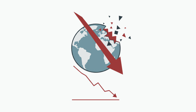 Economic crisis concept with globe breaking apart and red arrow crashing down symbolizing global recession.